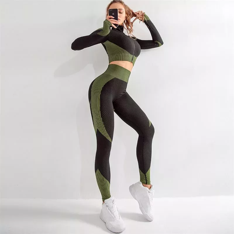 Black/green Seamless Tight And Crop Top Yoga Set With Thumb Hole - XBrain